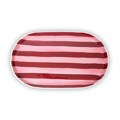 Ceramic Oval Platter | Pink &amp; Burgundy Stripe