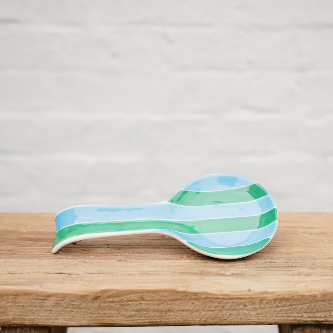 green and Cornflower Stripe Ceramic Spoon Rest